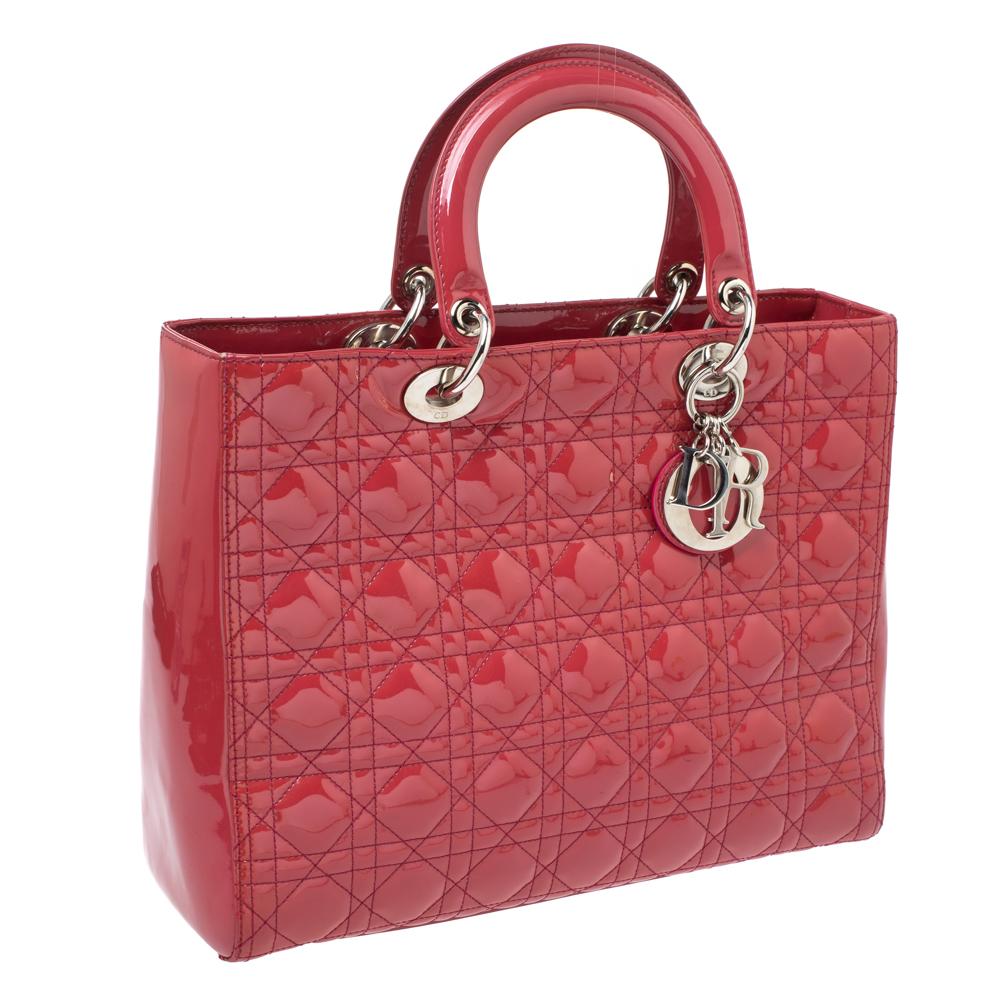 Women's Dior Scarlet Red Cannage Patent Leather Large Lady Dior Tote