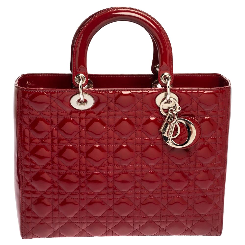 Dior Scarlet Red Cannage Patent Leather Large Lady Dior Tote
