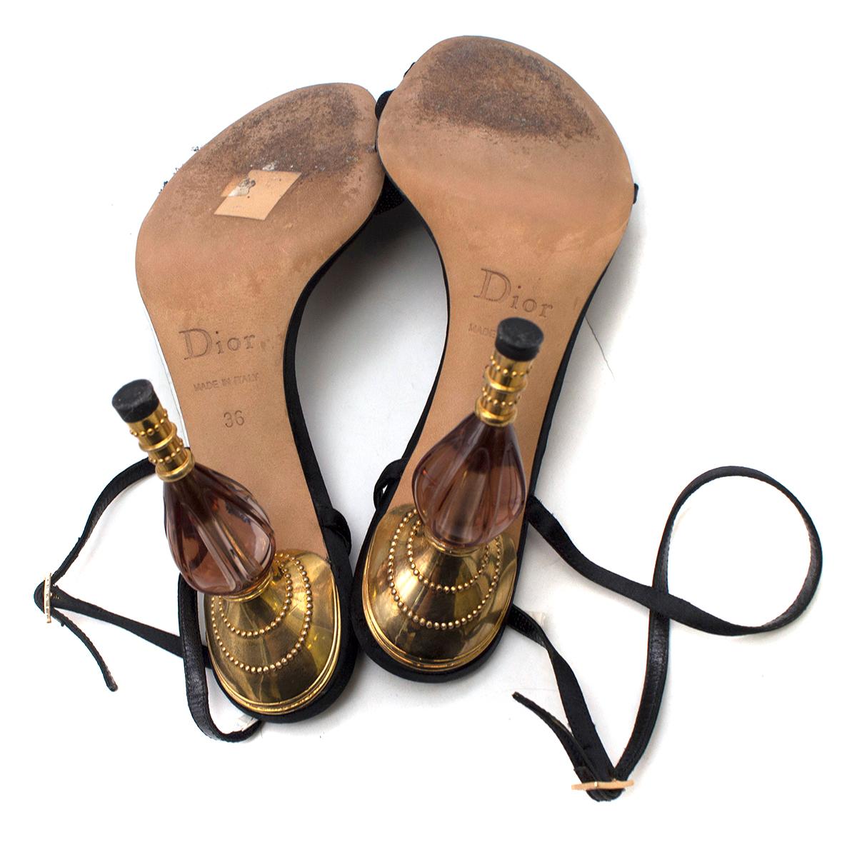 Black Dior sculpted perfume bottle heel satin sandals	SIZE 36
