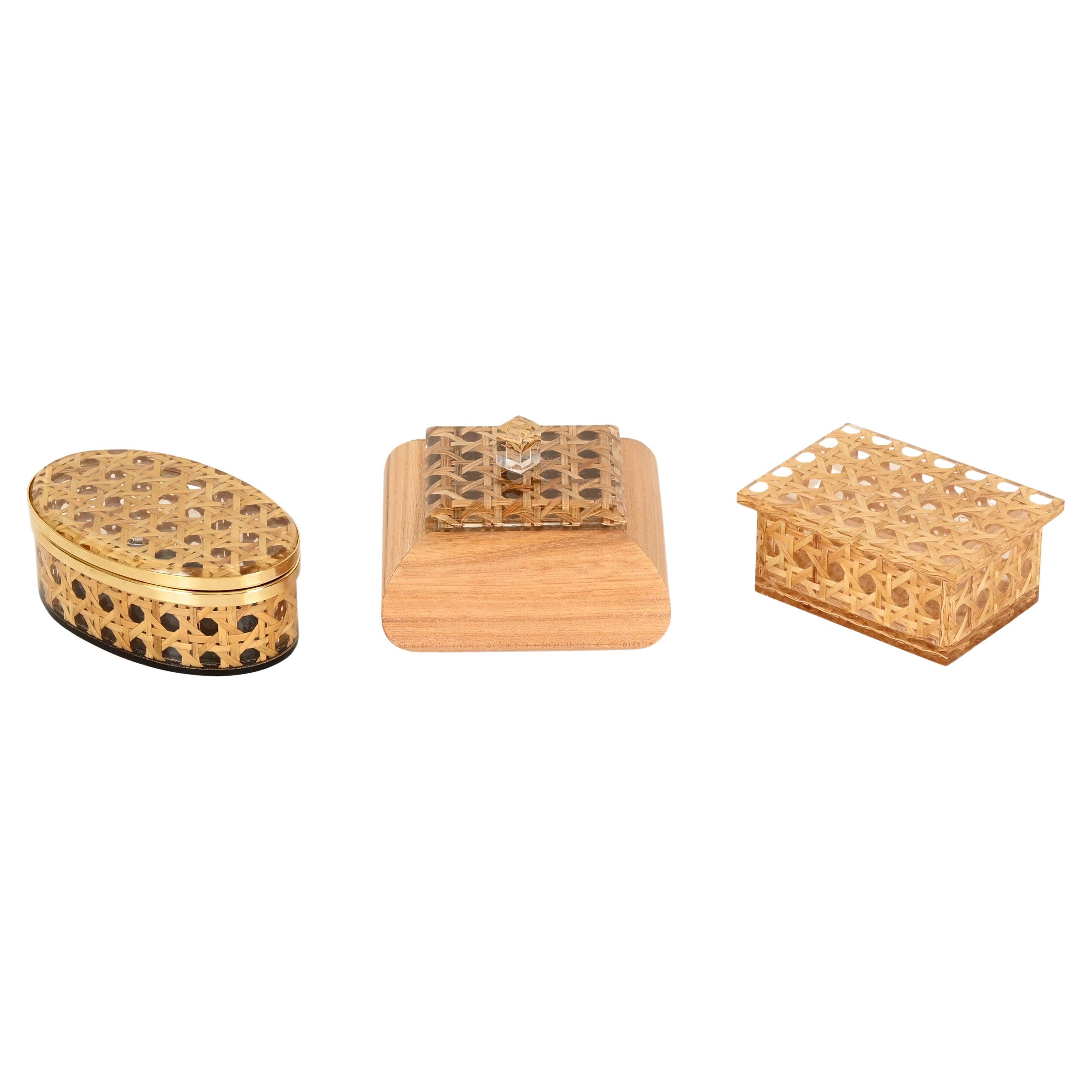 Dior Set of 3 Decorative Boxes in Brass, Lucite and Vienna Straw, Italy, 1970s