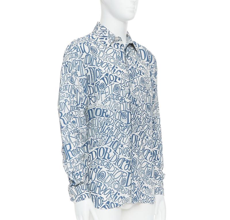 Blue DIOR Shawn Stussy blue graffiti swirl logo print button down shirt EU38 S For Sale