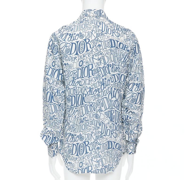 Men's DIOR Shawn Stussy blue graffiti swirl logo print button down shirt EU38 S For Sale