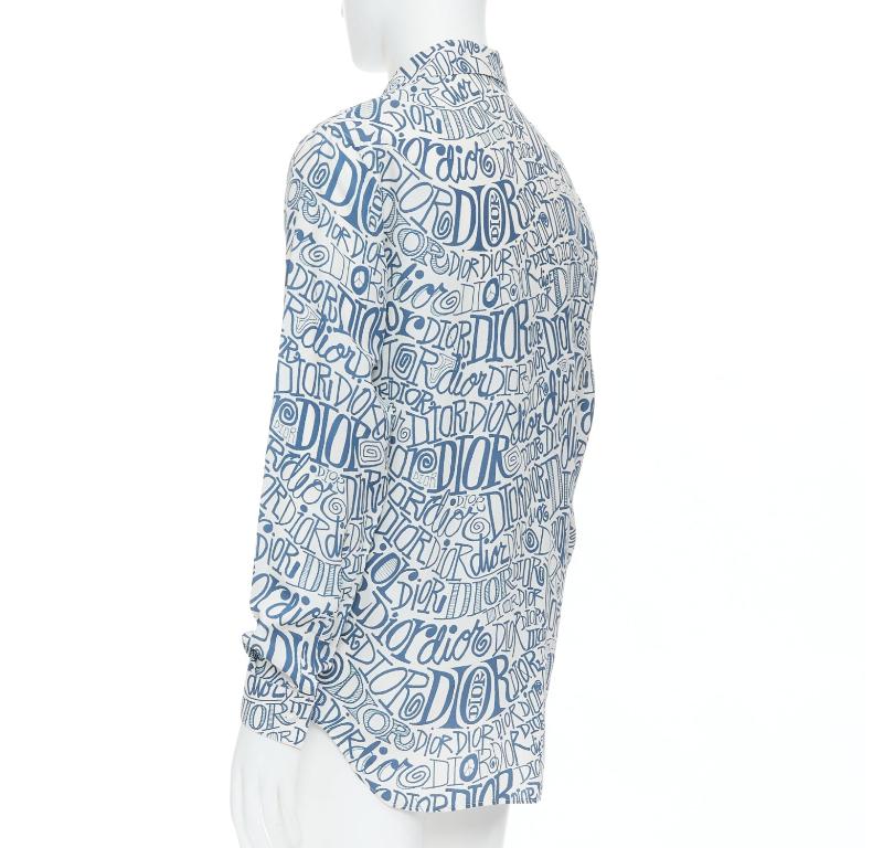 DIOR Shawn Stussy blue graffiti swirl logo print button down shirt EU38 S For Sale 1