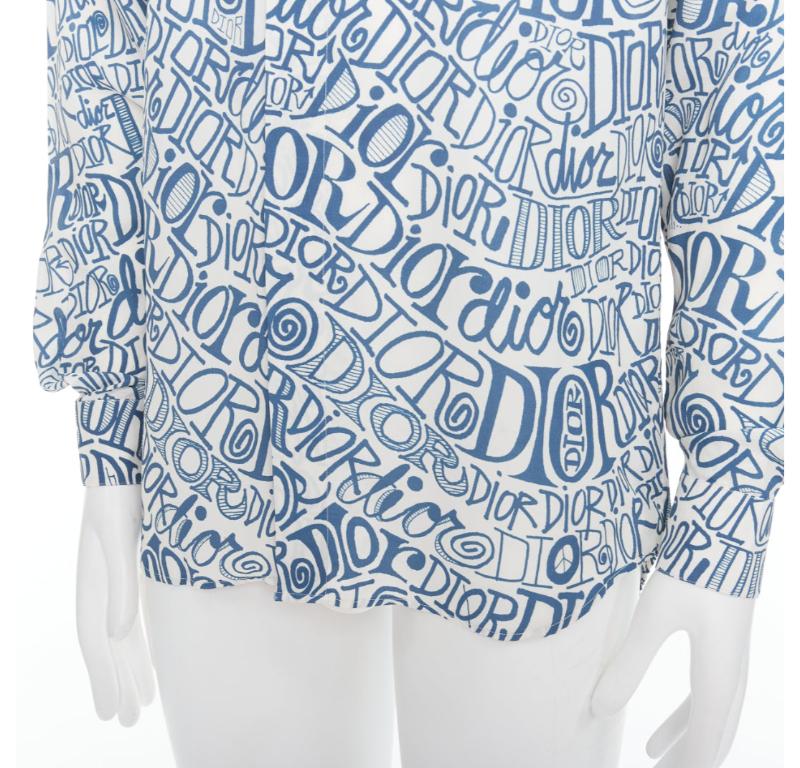 DIOR Shawn Stussy blue graffiti swirl logo print button down shirt EU38 S For Sale 2