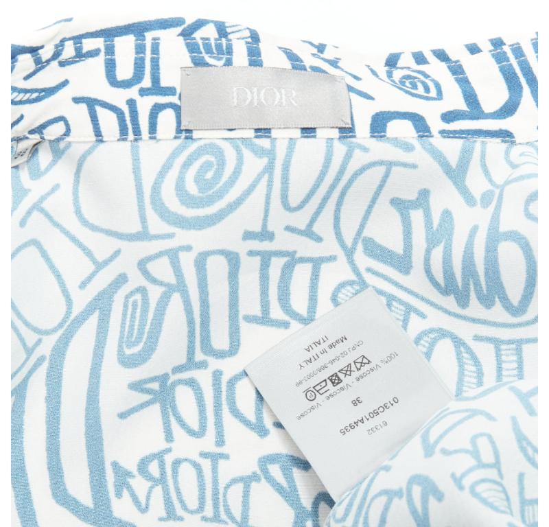 DIOR Shawn Stussy blue graffiti swirl logo print button down shirt EU38 S For Sale 3