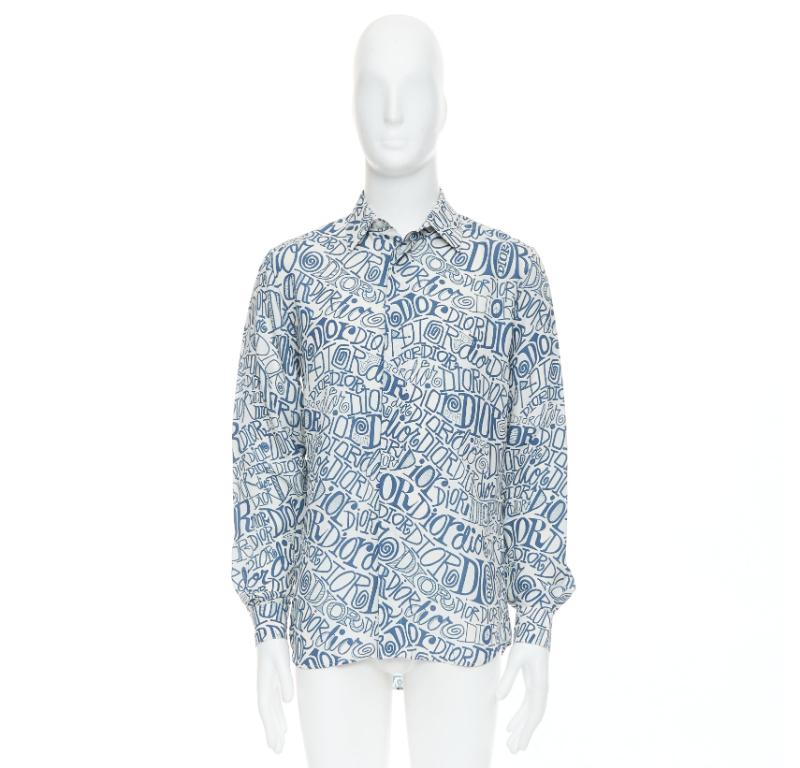 DIOR Shawn Stussy blue graffiti swirl logo print button down shirt EU38 S For Sale 4