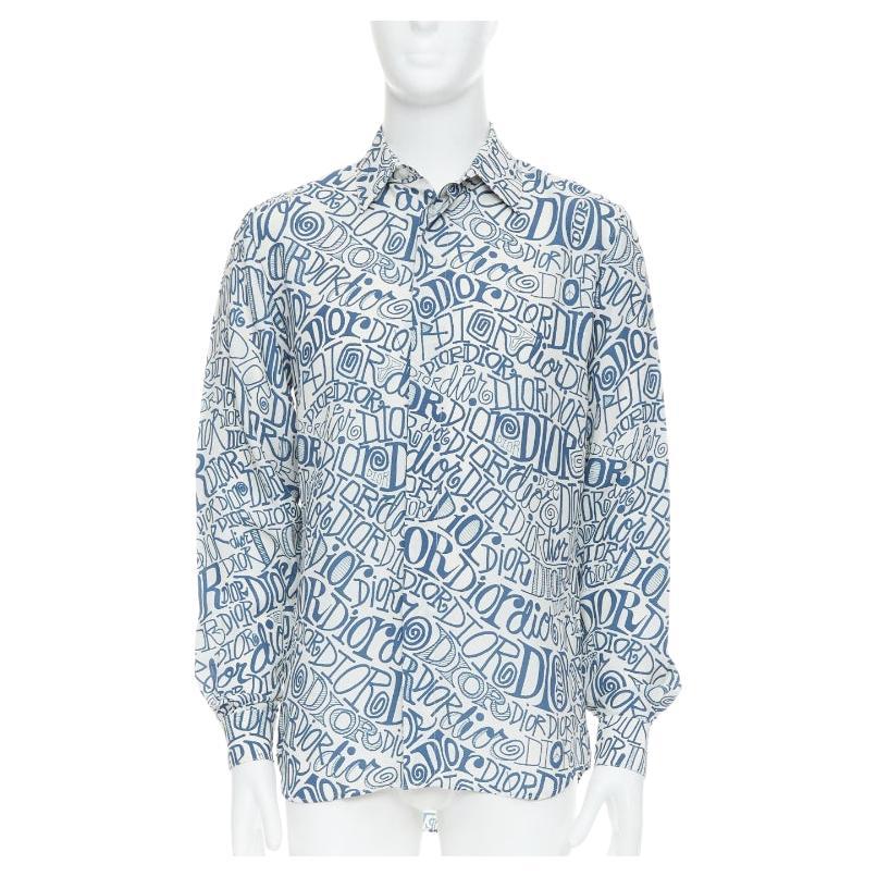 DIOR Shawn Stussy blue graffiti swirl logo print button down shirt EU38 S For Sale