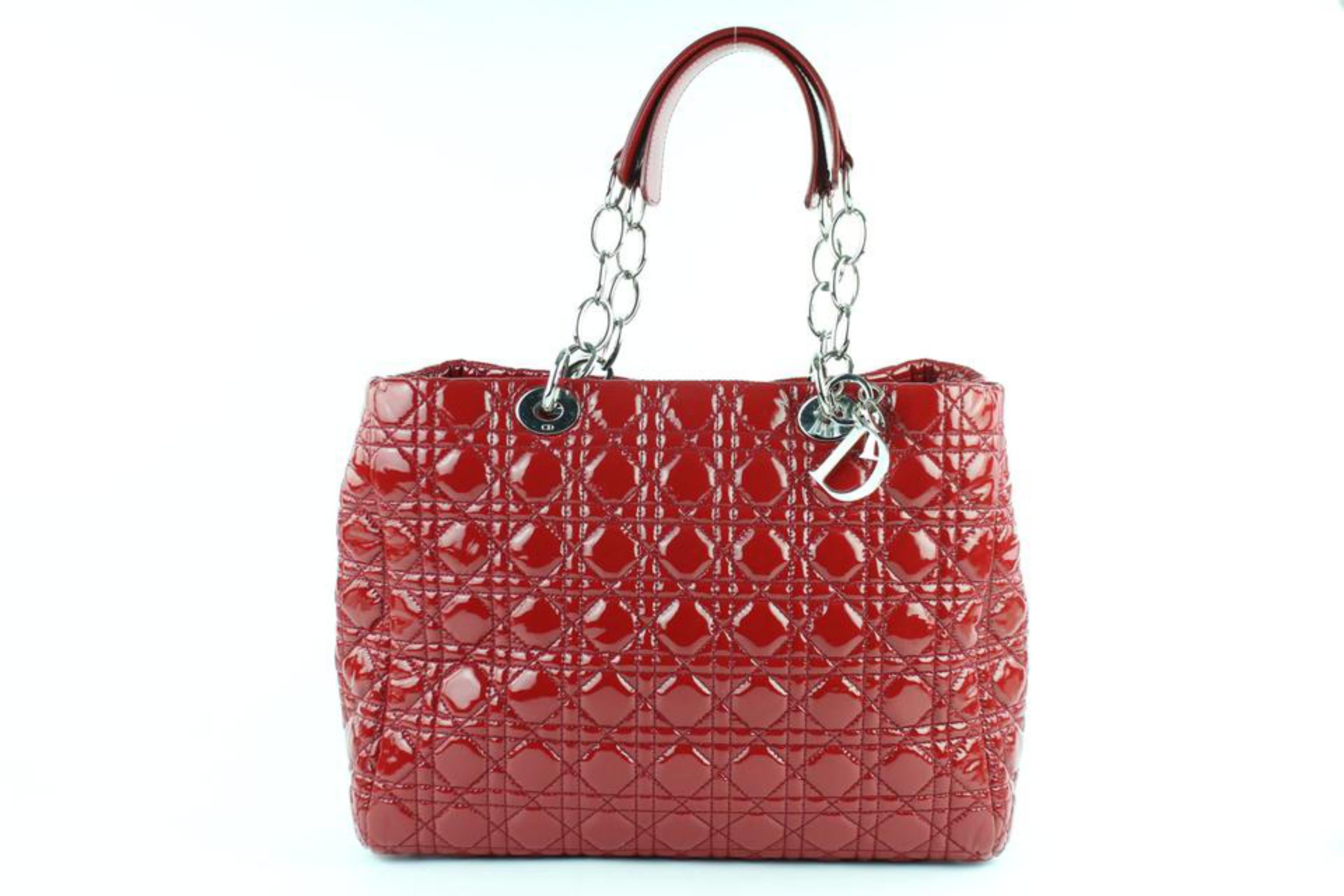 Dior Shopping Tote Quilted Cannage Soft 3de0102 Red Patent Leather Shoulder Bag For Sale 2