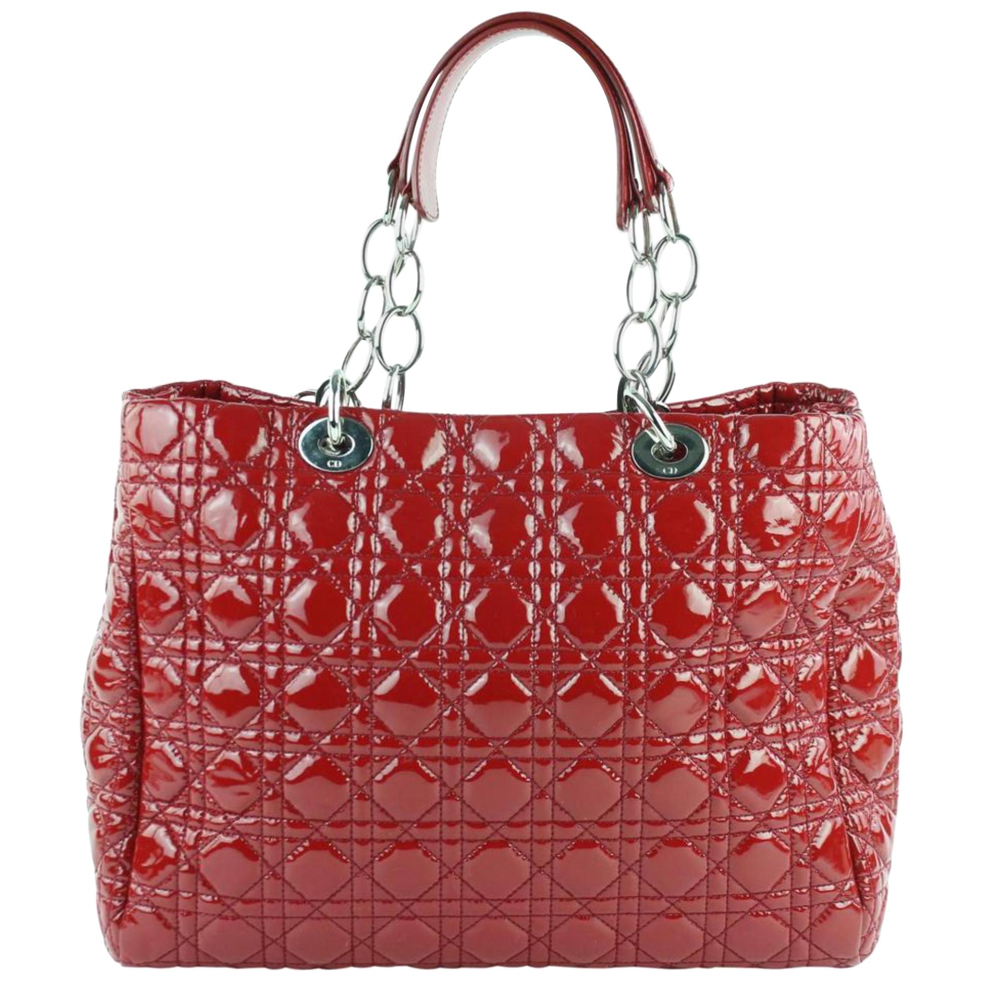 Dior Shopping Tote Quilted Cannage Soft 3de0102 Red Patent Leather Shoulder Bag For Sale