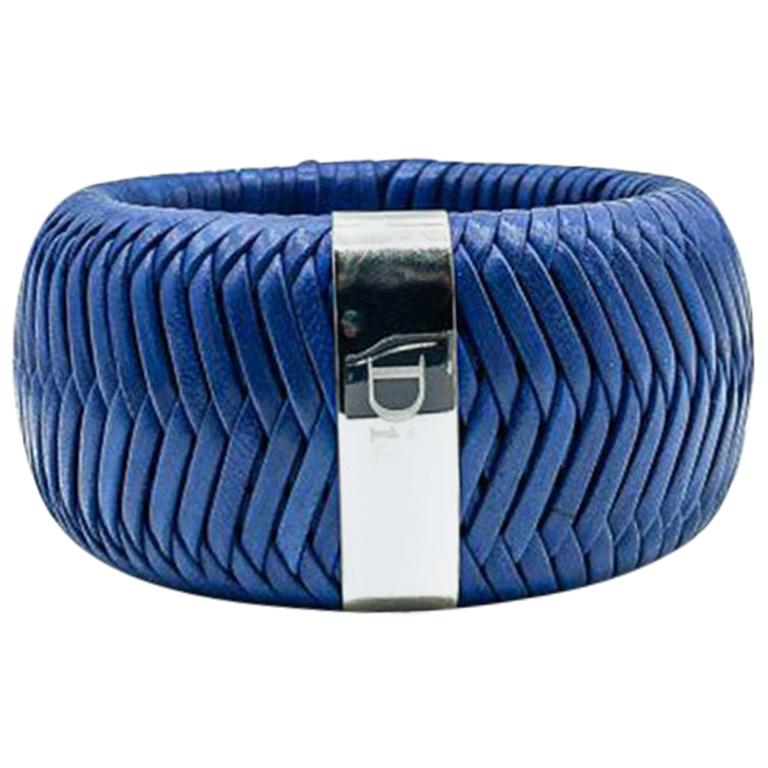Dior Silver & Blue Jumbo Leather Weave Logo Bangle 2000s For Sale
