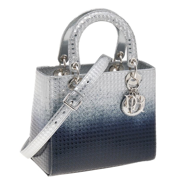 Dior Silver/Blue Ombre Micro Cannage Leather Medium Lady Dior Tote In Good Condition In Dubai, Al Qouz 2