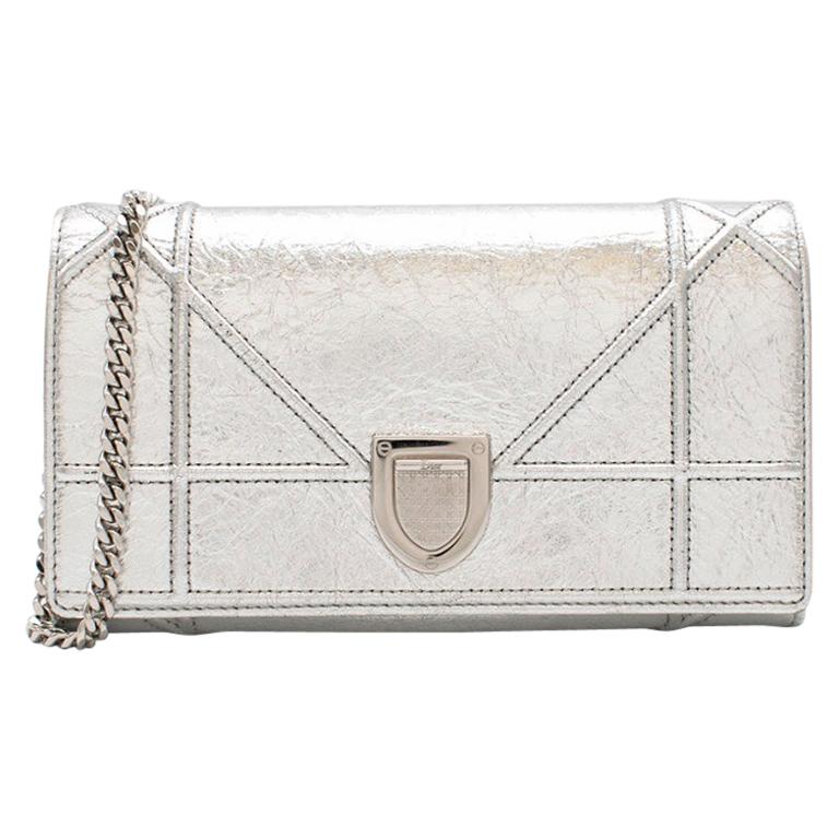 Dior Silver Calfskin Diorama Wallet on Chain 19cm For Sale