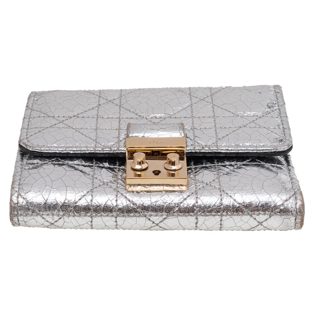 Dior Silver Cannage Foil Leather Compact Wallet In Good Condition In Dubai, Al Qouz 2