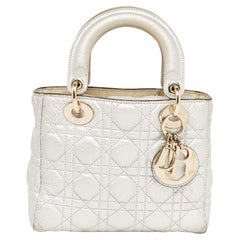 Dior Silver Cannage Leather Small Supple Lady Dior Tote