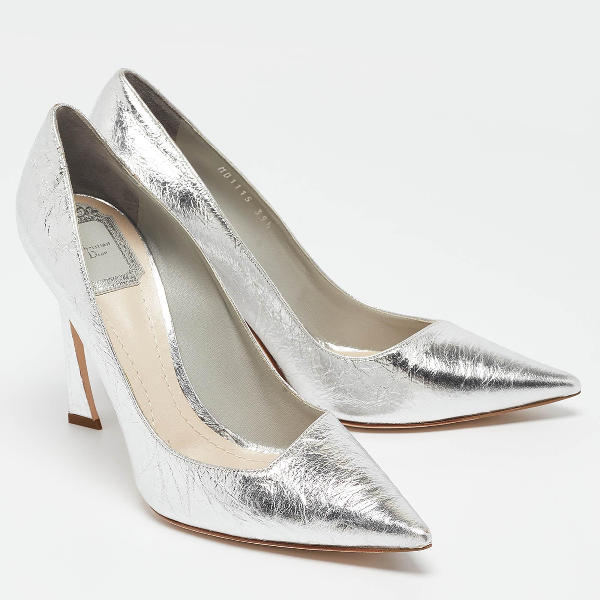Women's Dior Silver Crackled Leather Pointed Toe Pumps Size 39.5