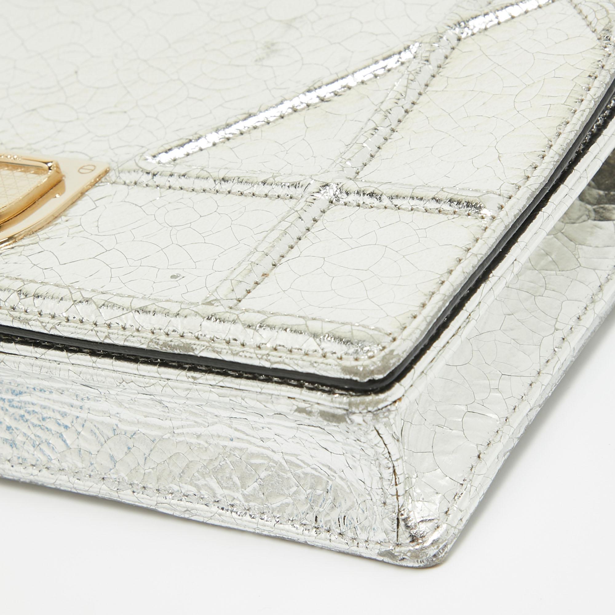 Dior Silver Crackled Patent Leather Diorama Chain Clutch For Sale 2
