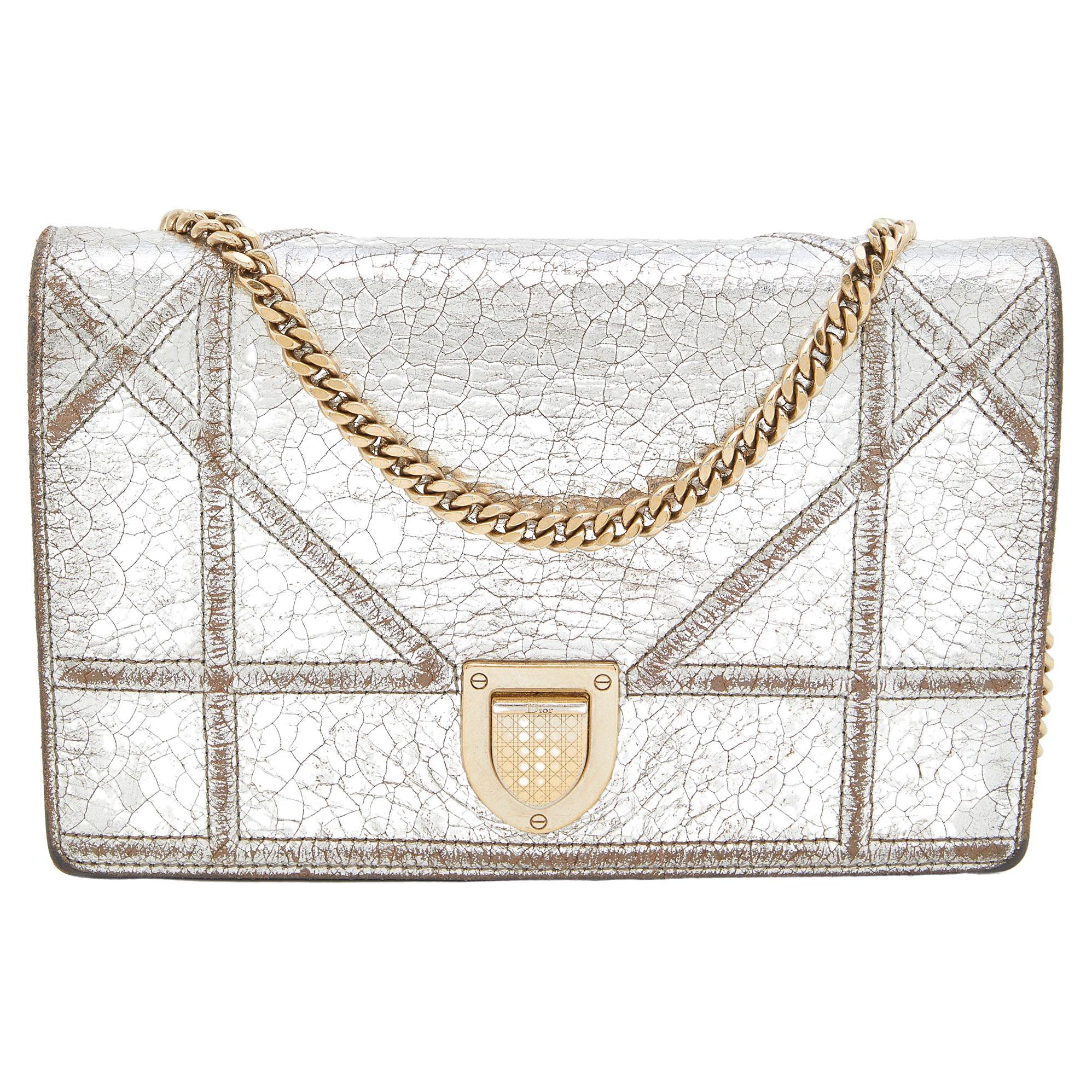 Dior Silver Crinkled Leather Diorama Wallet on Chain