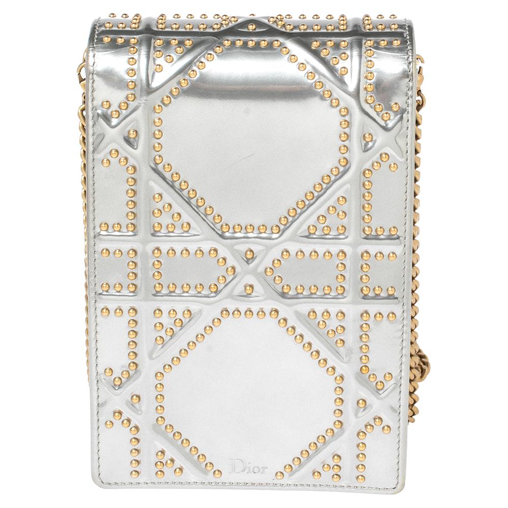 Dior Silber glänzendes Leder Diorama beschlagene vertikale Kette Clutch 6