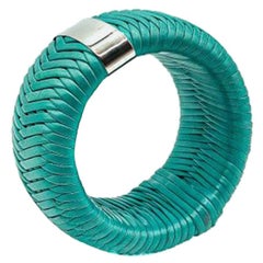 Dior Silver & Greene Jumbo Leather Weave Logo Bangle anni 2000