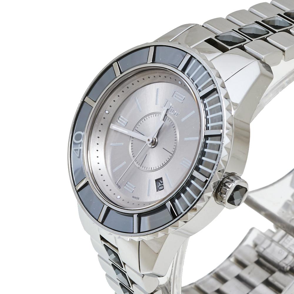 Contemporary Dior Silver Grey Crystal Stainless Steel CD113116 Women's Wristwatch 33MM