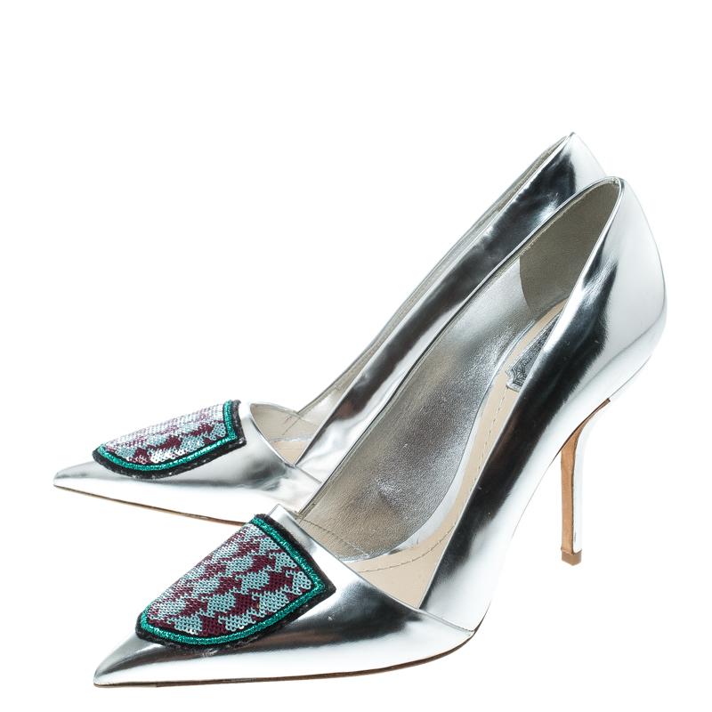 Women's Dior Silver Leather and Sequin Pointed Toe Pumps Size 37