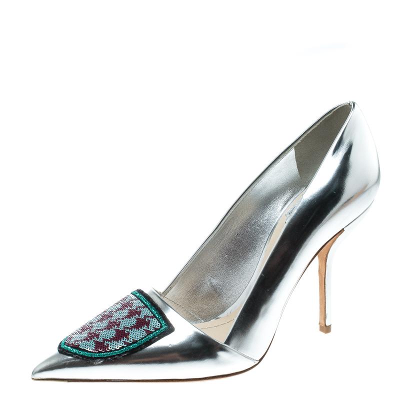 Dior Silver Leather and Sequin Pointed Toe Pumps Size 37 3