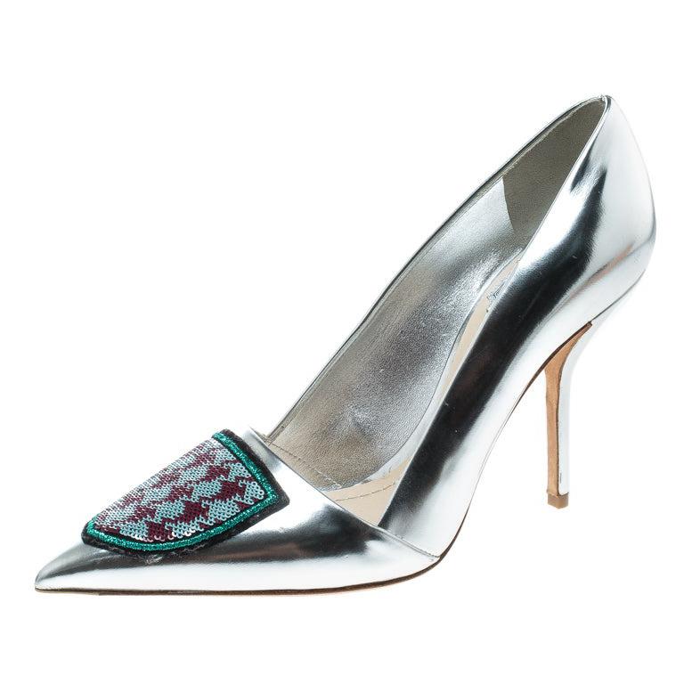 Dior Silver Leather and Sequin Pointed Toe Pumps Size 37