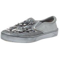 Dior Silver Leather Daisy Flower Embellished Slip On Sneakers Size 37.5