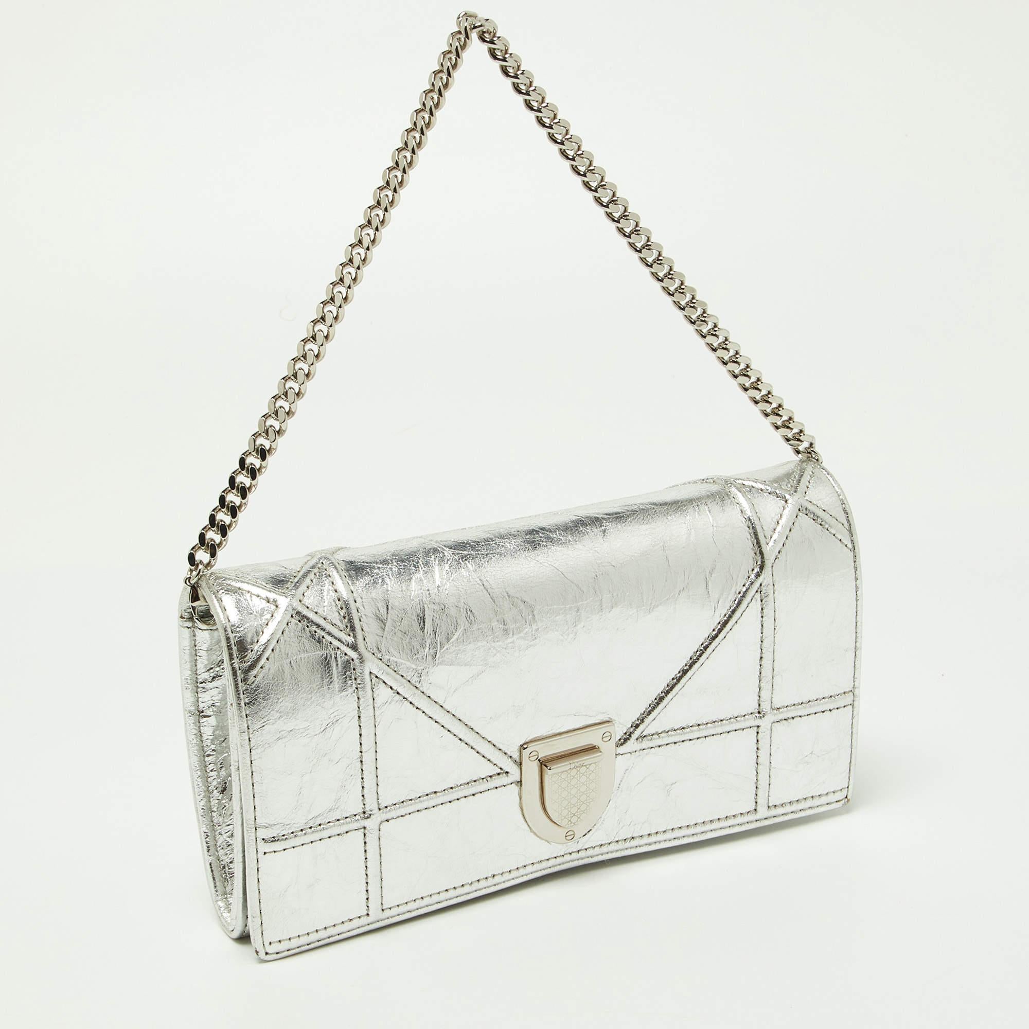 Women's Dior Silver Leather Diorama Wallet On Chain