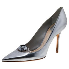 Dior Silver Leather Flower Embellished Pointed Toe Pumps Size 39