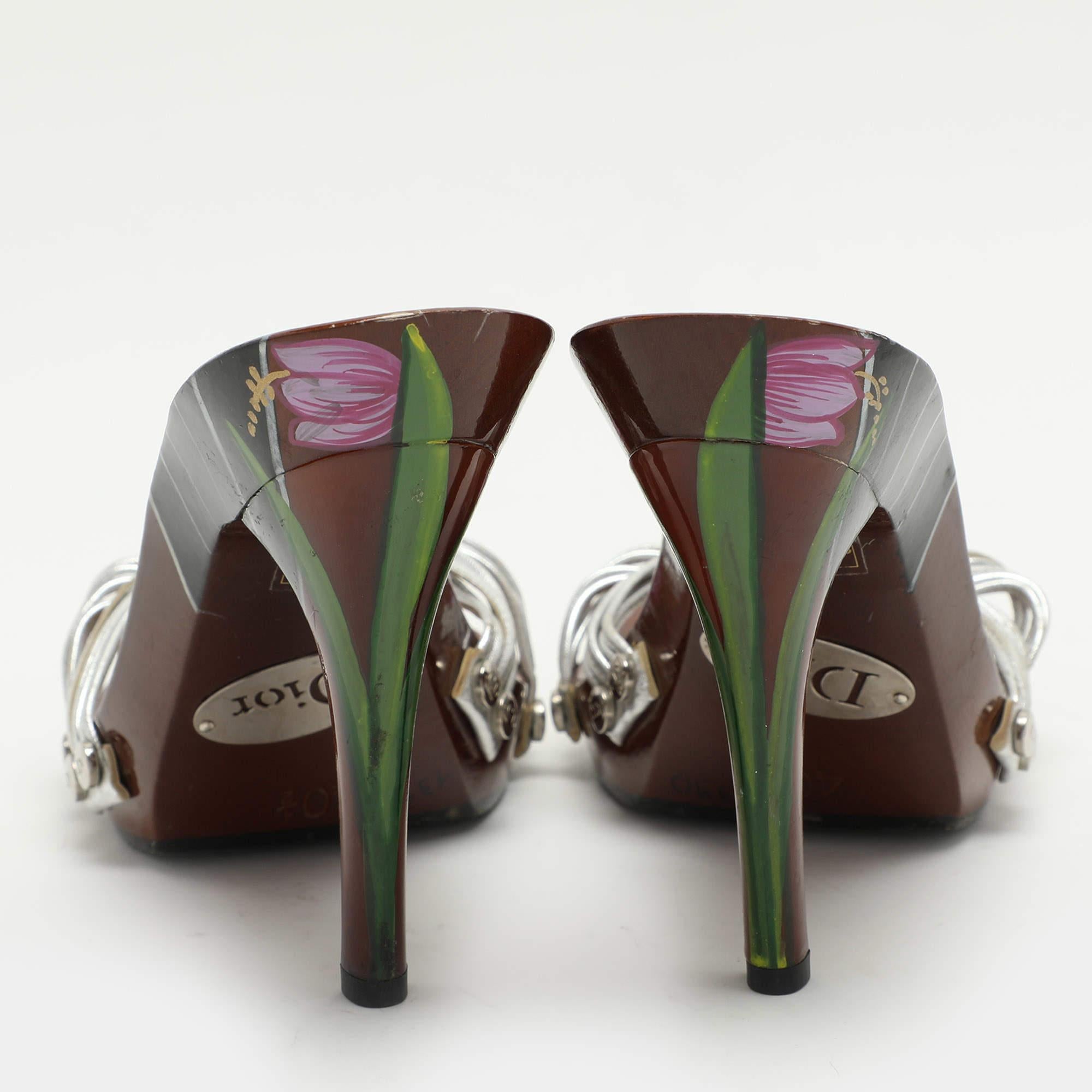 Women's Dior Silver Leather Knot Wooden Slide Sandals Size 40.5