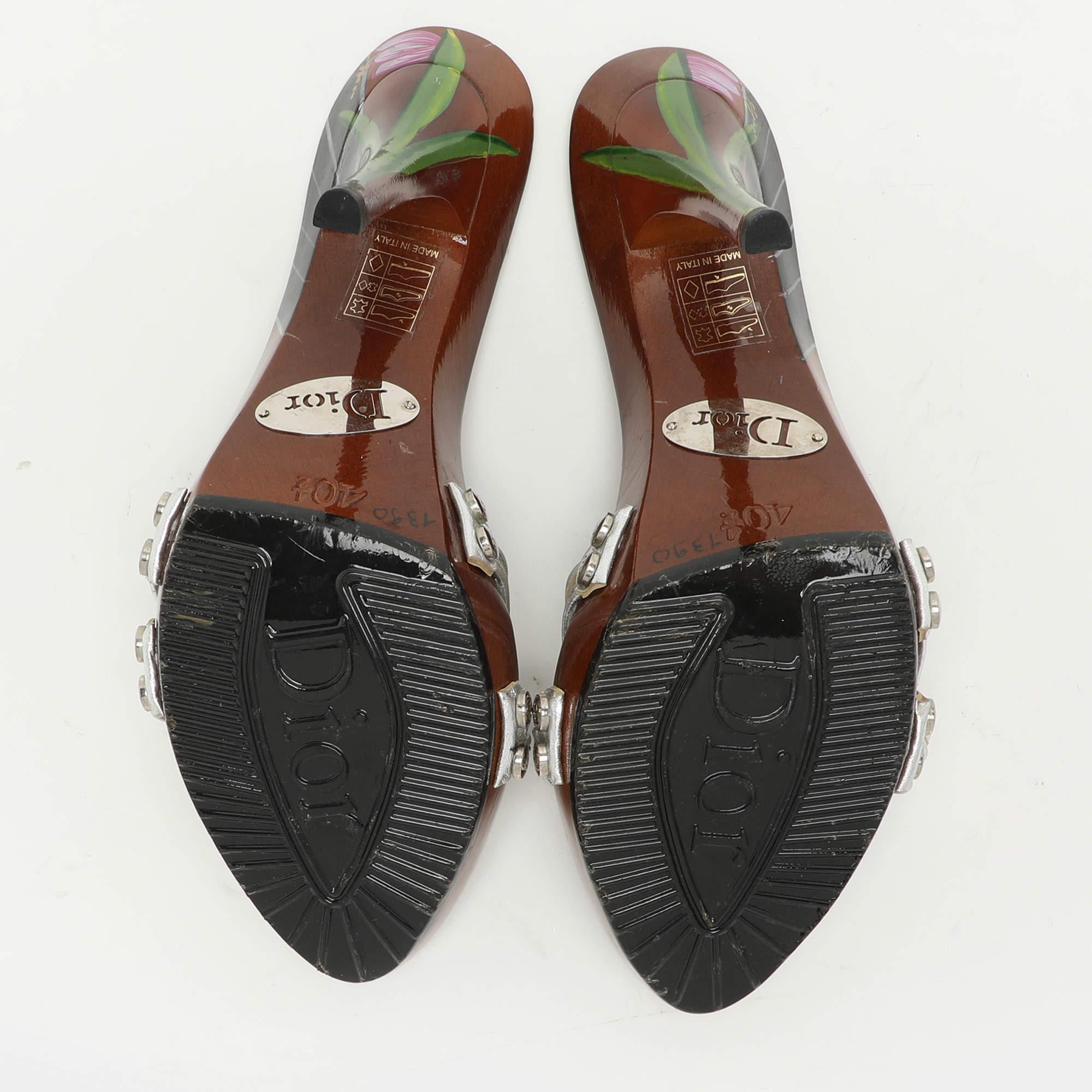 Dior Silver Leather Knot Wooden Slide Sandals Size 40.5 1