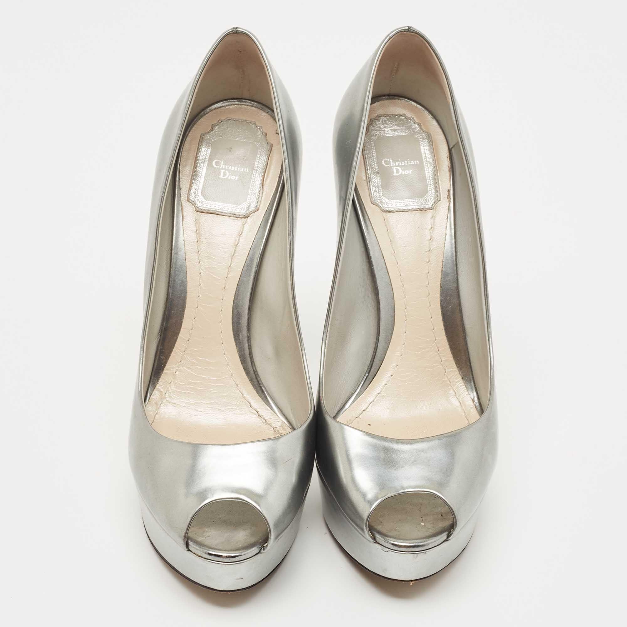Women's Dior Silver Leather Miss Dior Peep Toe Pumps Size 39 For Sale