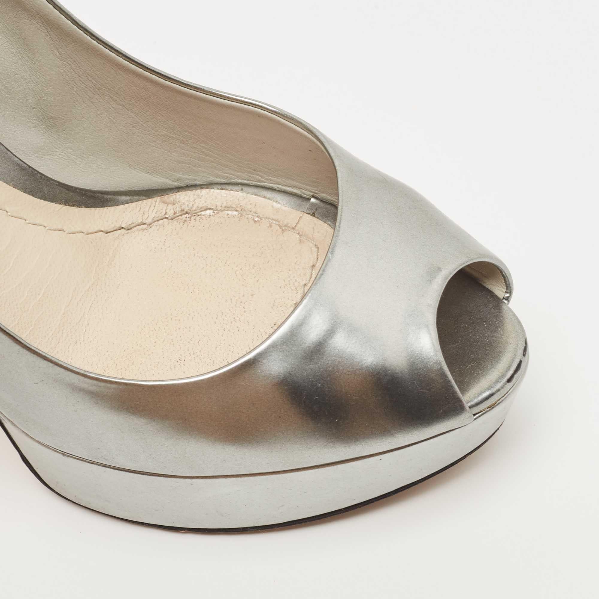 Dior Silver Leather Miss Dior Peep Toe Pumps Size 39 For Sale 3
