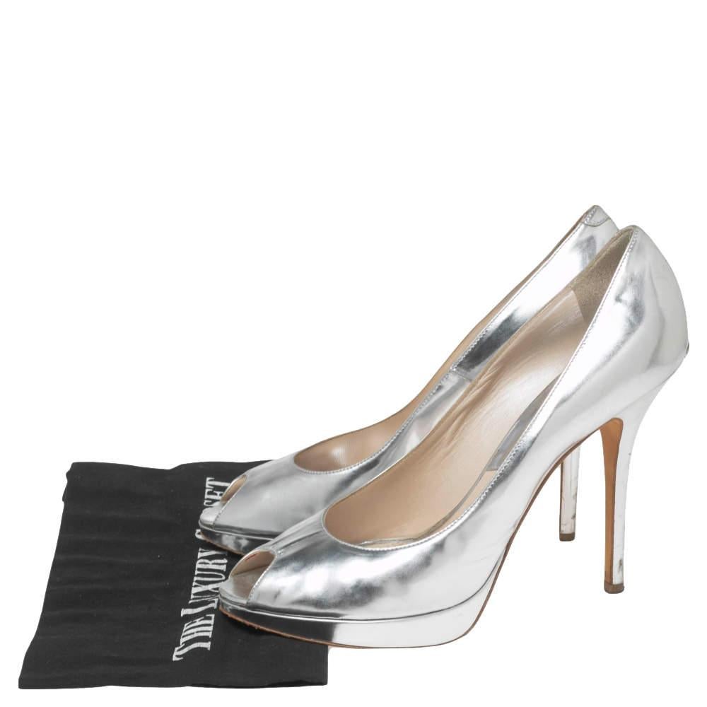 Dior Silver Leather Miss Dior Peep Toe Pumps Size 40.5 For Sale 6