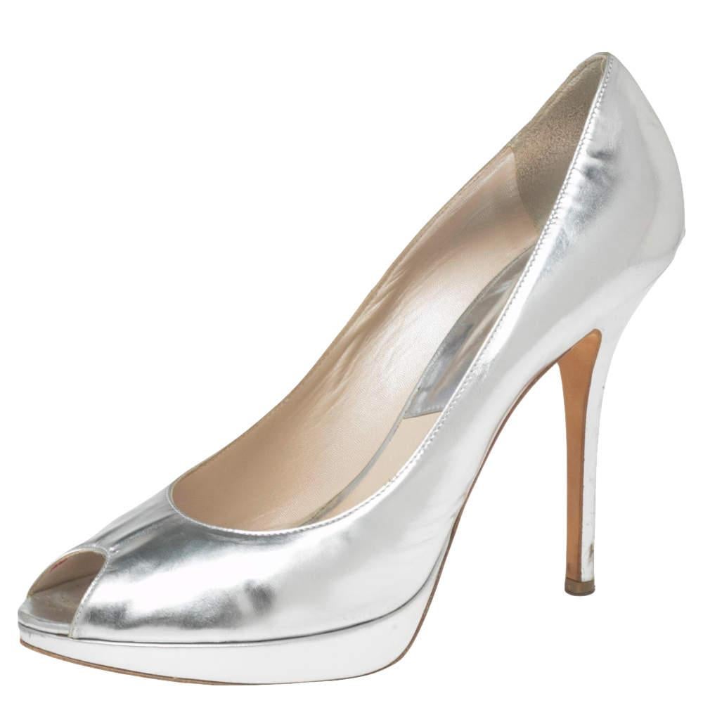 Dior Silver Leather Miss Dior Peep Toe Pumps Size 40.5 For Sale 4