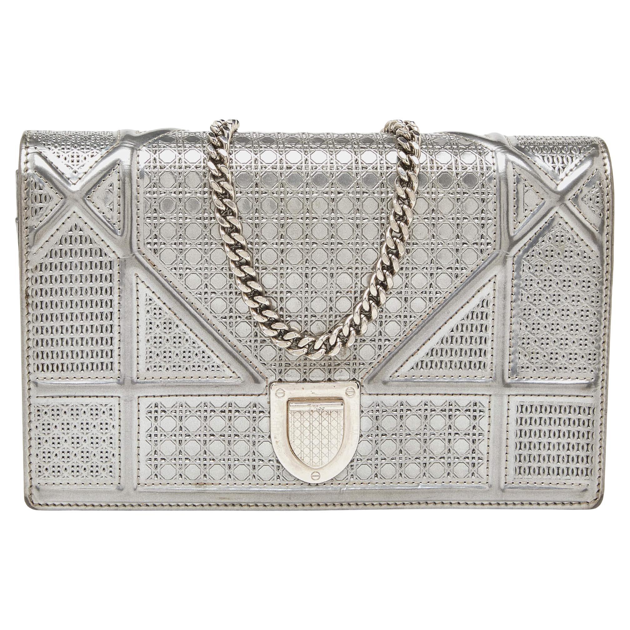 Dior SIlver Micro Cannage Patent Leather Diorama Wallet On Chain For Sale