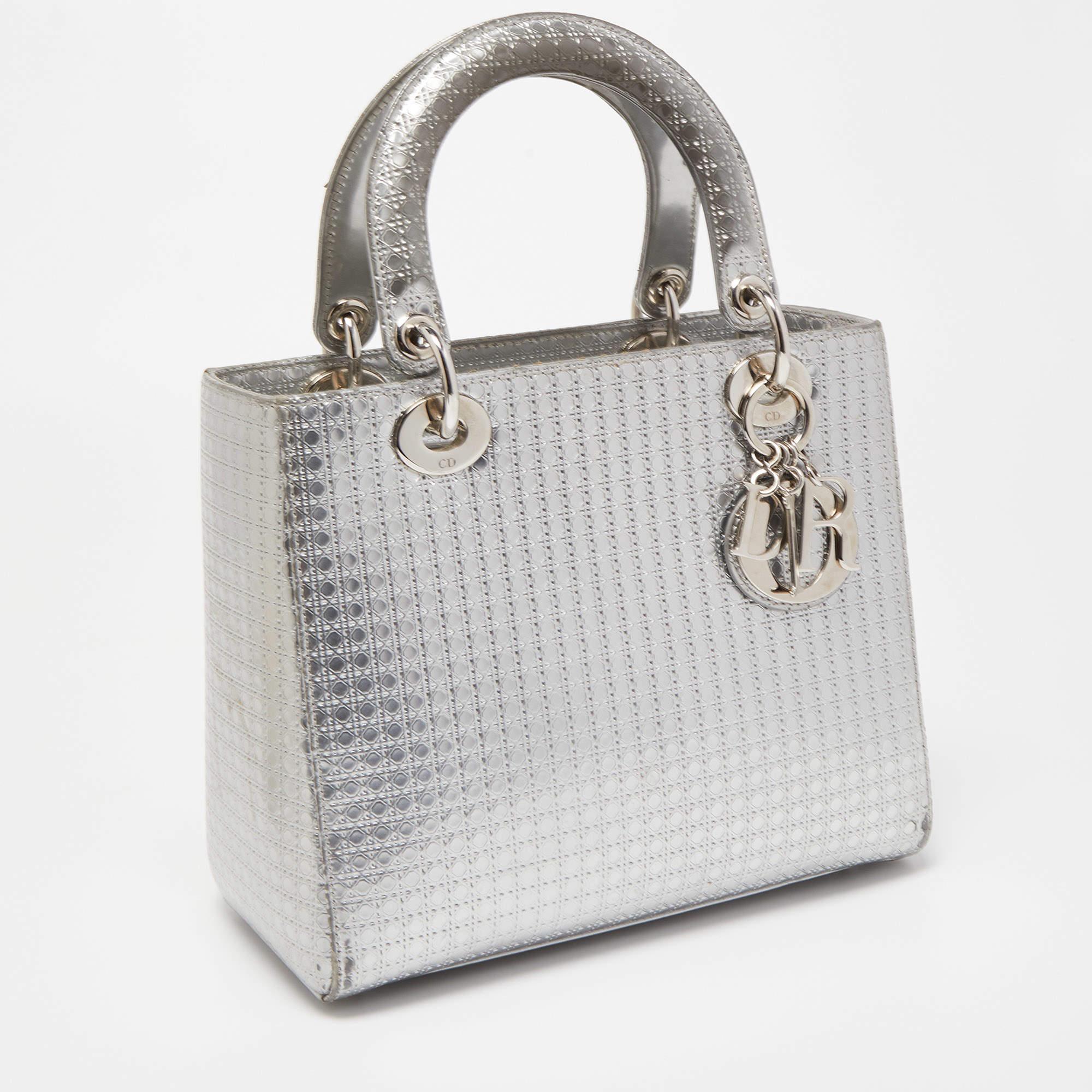 Dior Silver Micro Cannage Patent Leather Medium Lady Dior Tote In Fair Condition In Dubai, Al Qouz 2