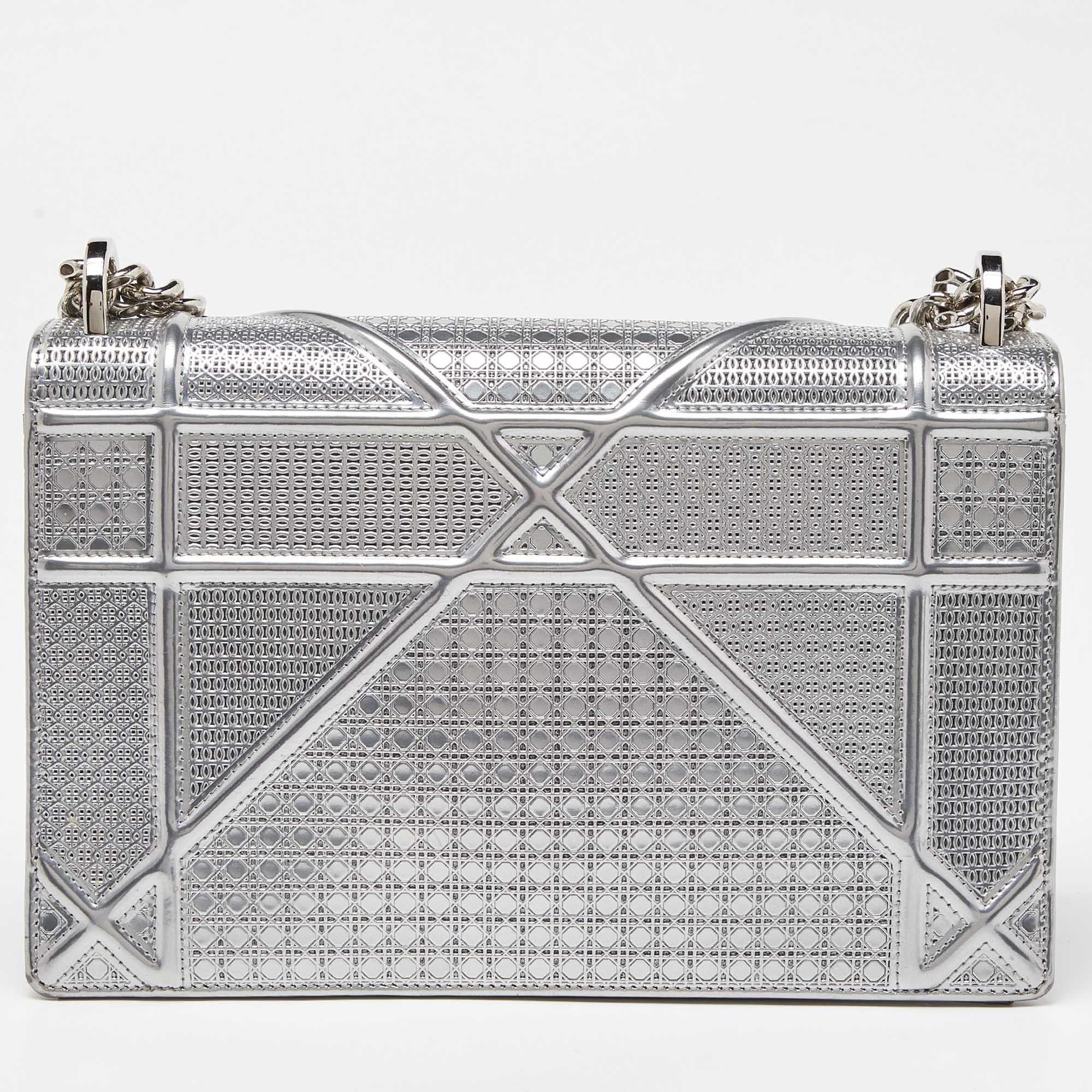Women's Dior Silver Microcannage Patent Leather Medium Diorama Flap Shoulder Bag