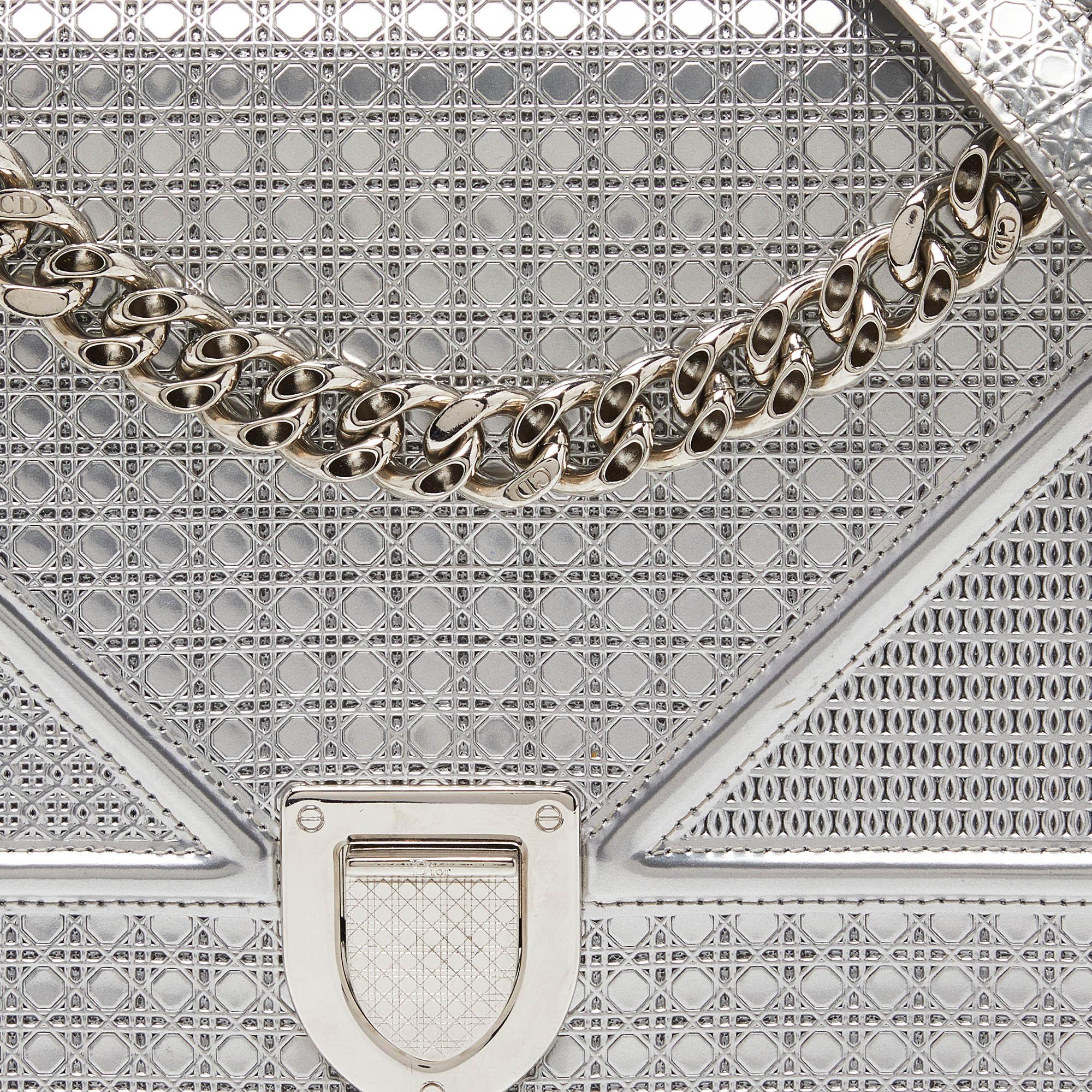 Dior Silver Microcannage Patent Leather Medium Diorama Flap Shoulder Bag 1