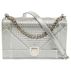 Dior Silver Microcannage Patent Leather Medium Diorama Flap Shoulder Bag
