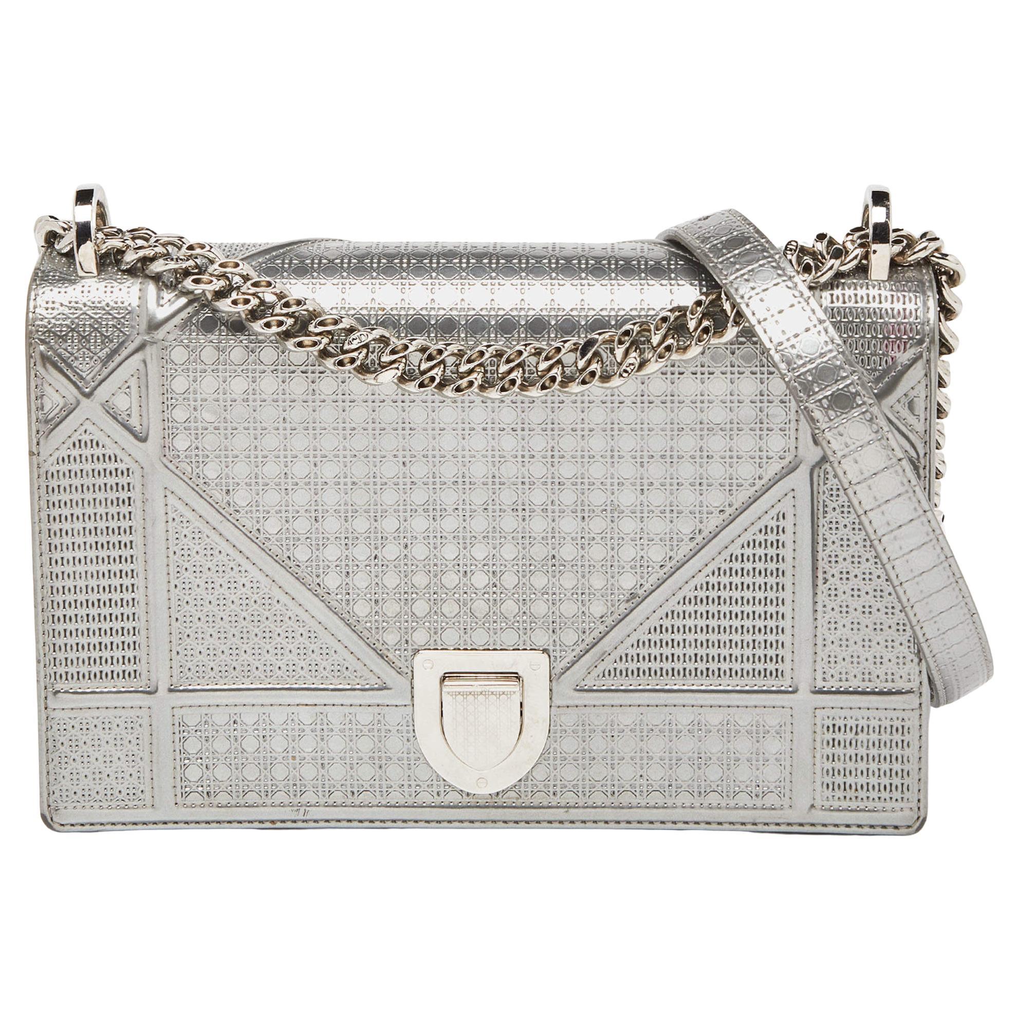 Dior Silver Microcannage Patent Leather Medium Diorama Flap Shoulder Bag