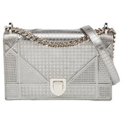 Dior Silver Microcannage Patent Leather Medium Diorama Flap Shoulder Bag