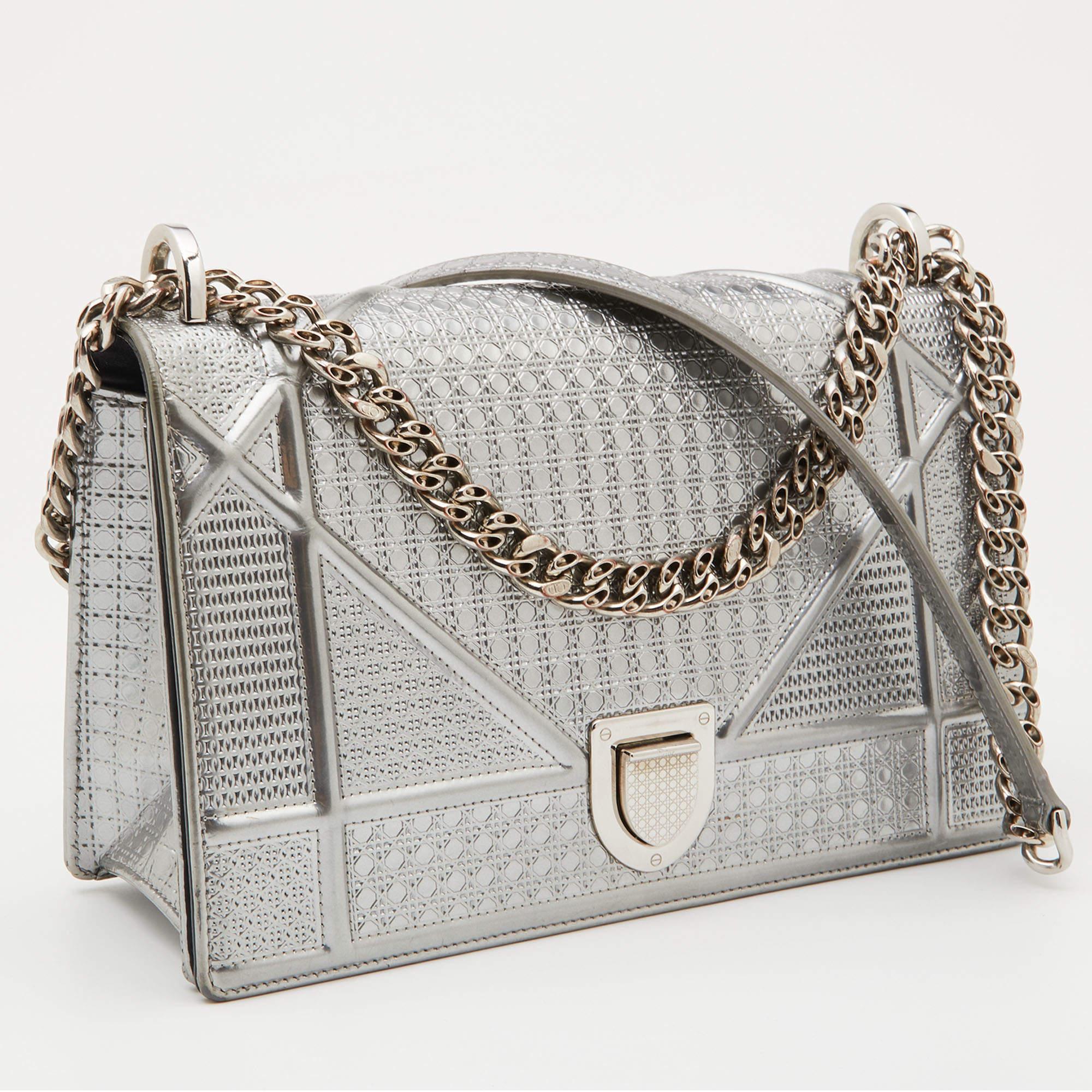 Women's Dior Silver Microcannage Patent Leather Medium Diorama Shoulder Bag