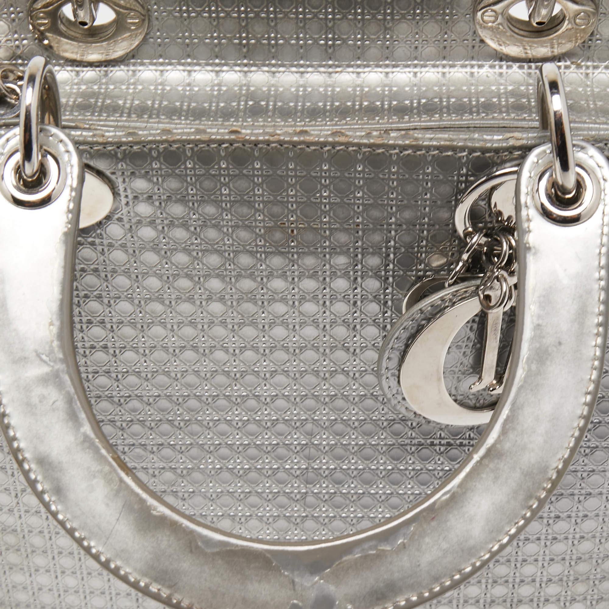 Dior Silver Microcannage Patent Leather Medium Lady Dior Tote 11