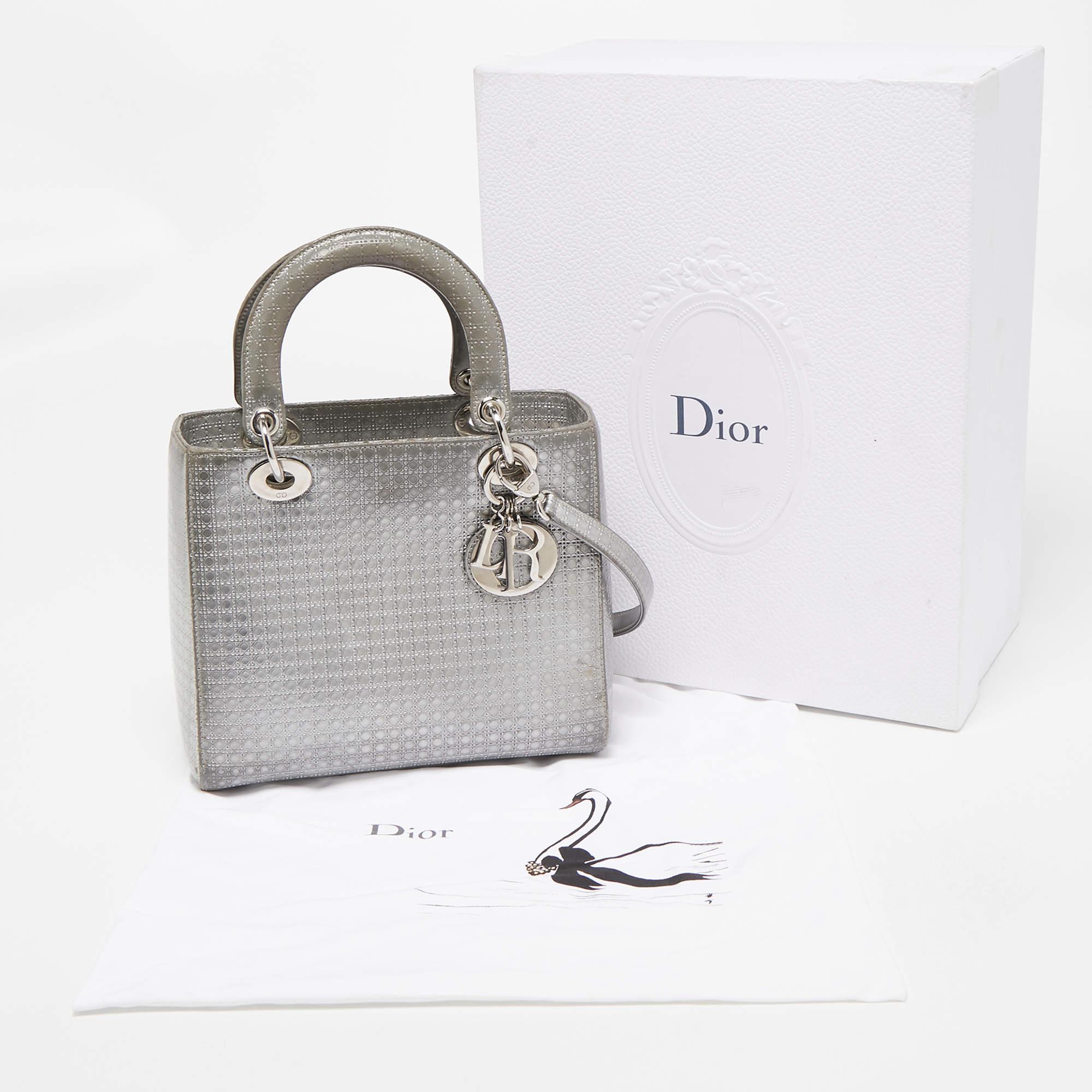 Dior Silver Microcannage Patent Leather Medium Lady Dior Tote 13