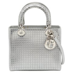 Dior Metallic Silver Micro Cannage Patent Leather Lady Dior Tote at 1stDibs