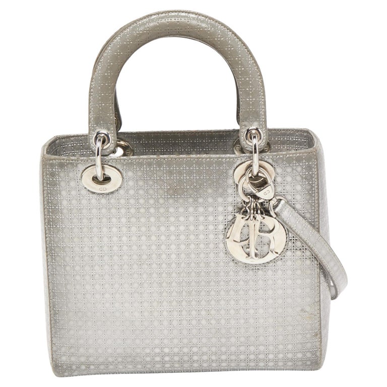 Dior Metallic Silver Micro Cannage Patent Leather Lady Dior Tote For Sale  at 1stDibs