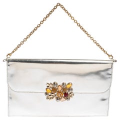 Dior Silver Patent Leather Flap Embellished Chain Clutch