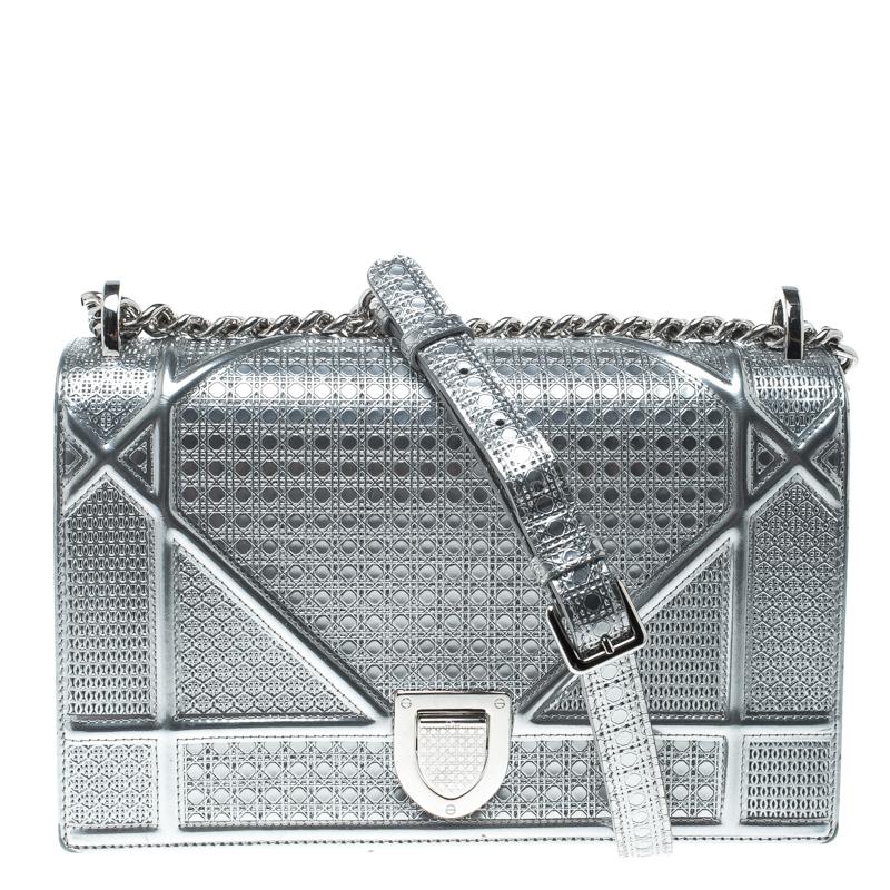 Dior Silver Patent Leather Medium Diorama Flap Shoulder Bag